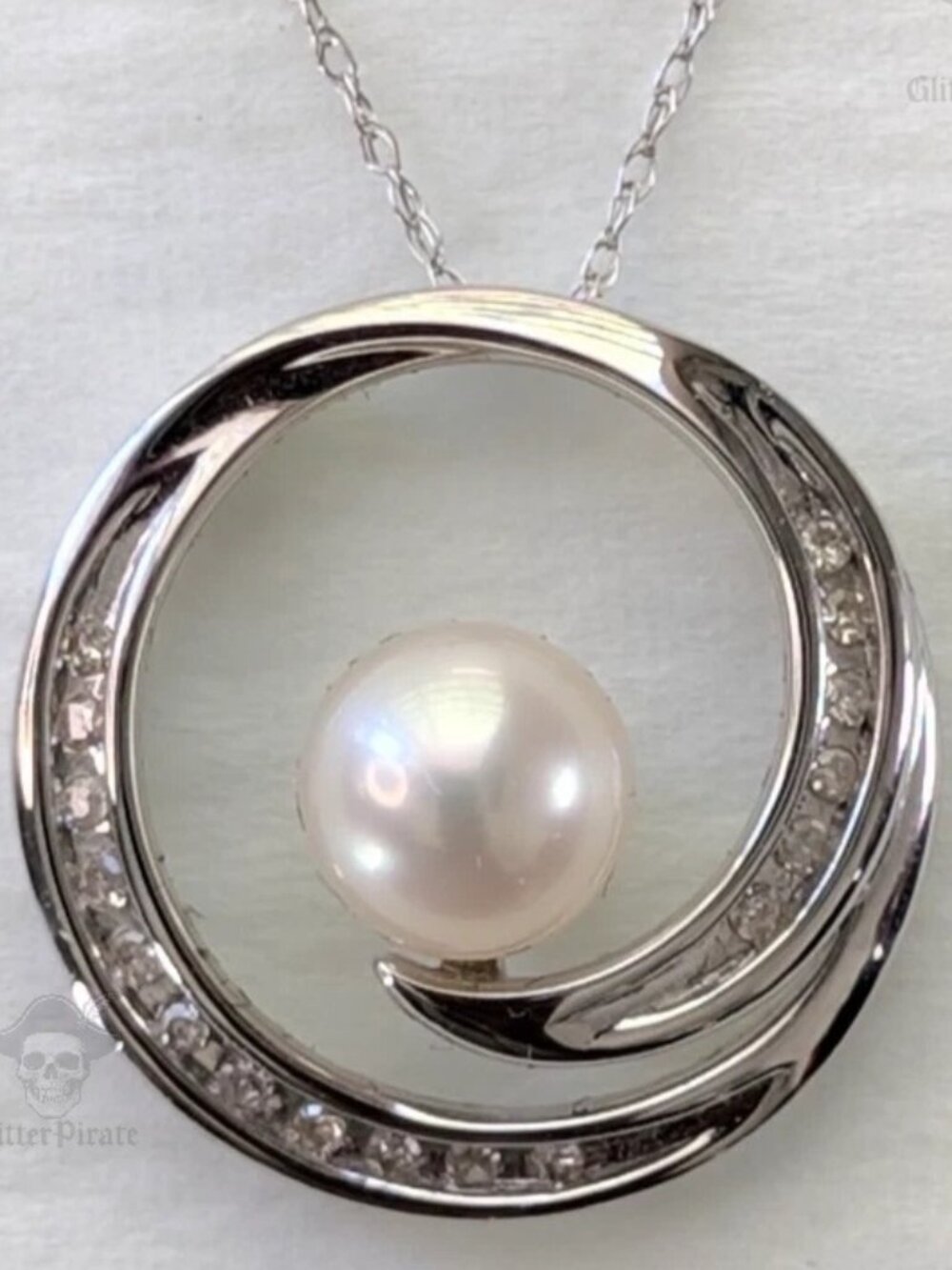 14K White Gold Akoya Pearl & Diamond Bypass Pendant Necklace 18" Chain 3.8g 7mm